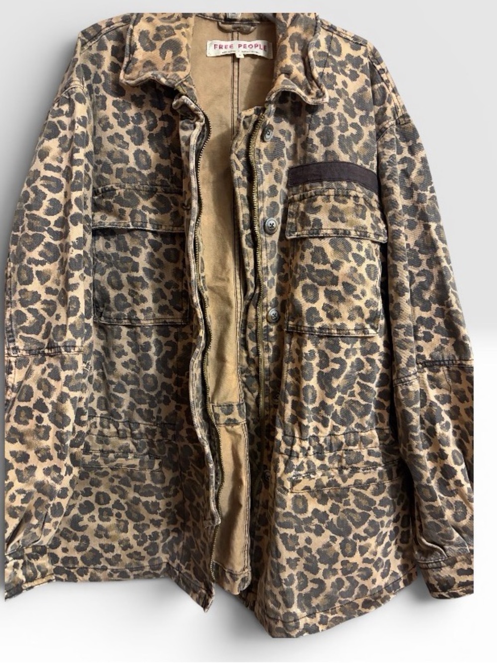Free People Leopard Print Button-Up Jacket - Brown/Beige Sz S Drawstring Boho - Picture 7 of 12
